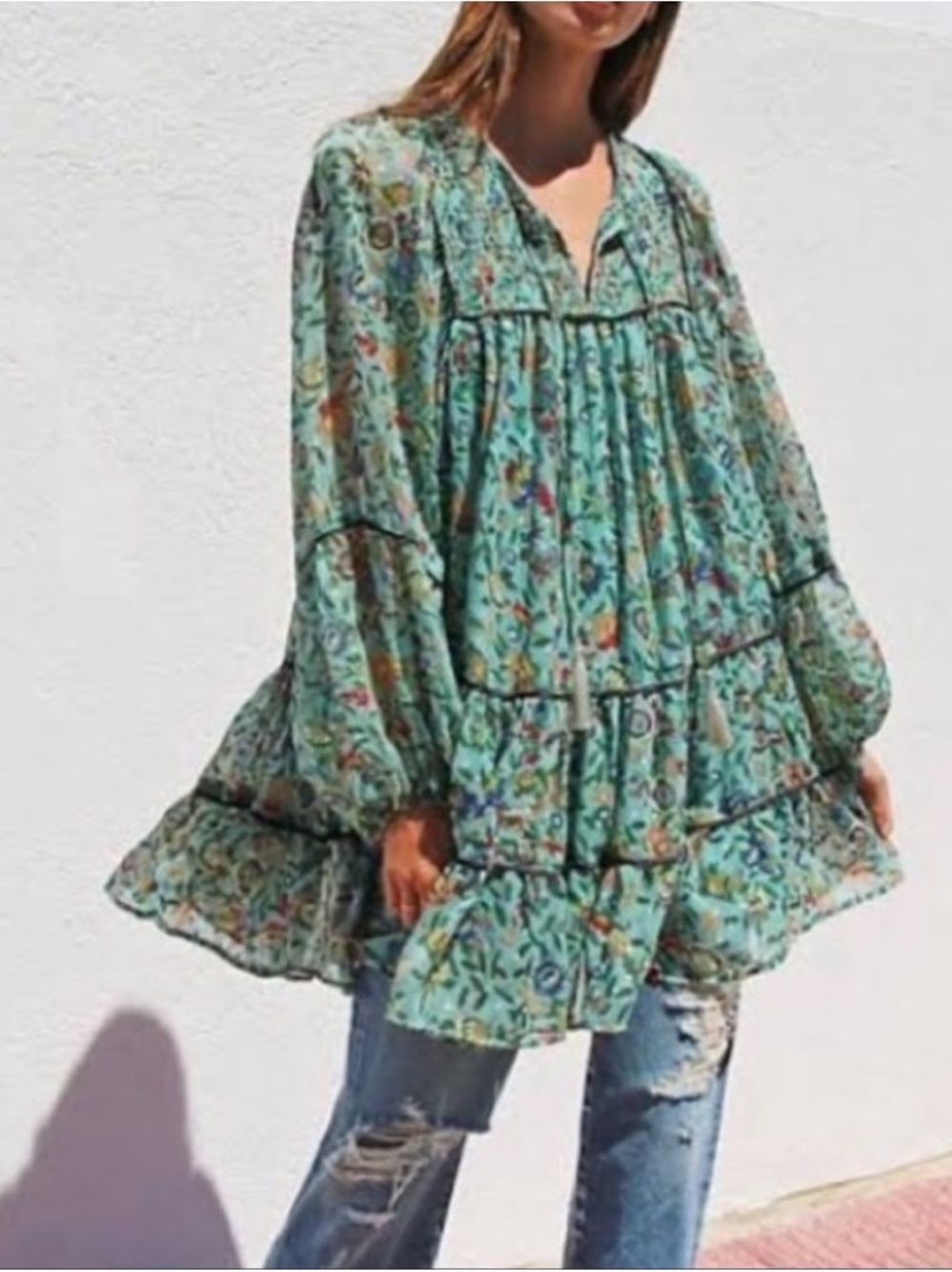 NWT Free People Floral Tiered Ruffled Swing Tunic Top Mini Dress Turquoise L